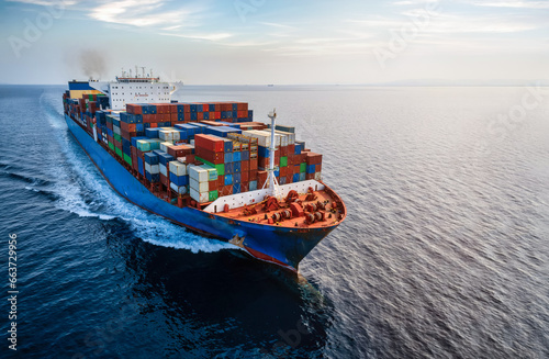 Aerial front view of a large container cargo ship traveling with speed over calm ocean and sunset light photo