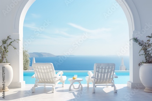 Beach mattresses or bunk chairs on the terrace of a modern house with a swimming pool with sea view and blue sky scene. © Komkit