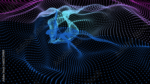 Energy net flows. Dot particle lines penetrating fog. Neon lights plexus of knots. Curved node row space infinity. Linking funnel universe parameters. Background information technology presentation.