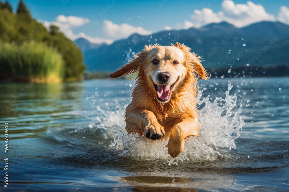 A happy golden retriever dog running out of water. Dog running out of a lake in the mountains on a summer day.