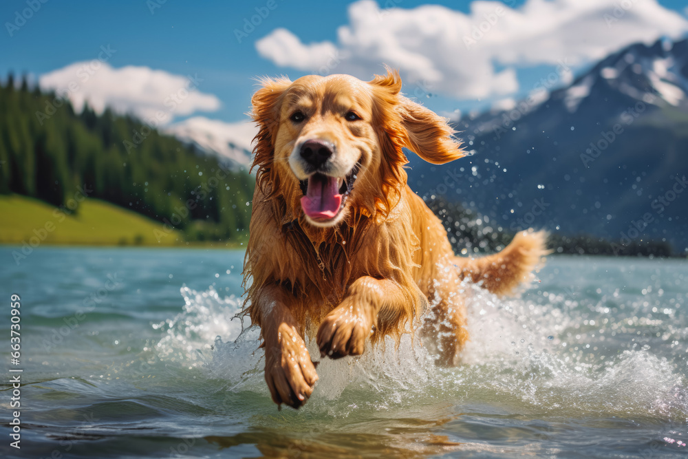 A happy golden retriever dog running out of water. Dog running out of a lake in the mountains on a summer day.