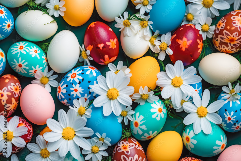 Above top view of multi colored painted easter eggs. Easter background with spring flowers and eggs. Celebrating easter holidays. Above top view of multi colored painted easter eggs. Easter background with spring flowers and eggs. Celebrating easter holidays.