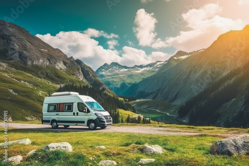 A camper van in the mountains in summer. Outdoors in nature with a camper van, enjoying sunny summer days and serene mountain views.