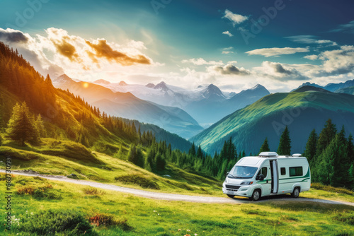 A camper van in the mountains in summer. Outdoors in nature with a camper van, enjoying sunny summer days and serene mountain views. photo