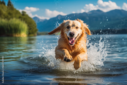 A happy golden retriever dog running out of water. Dog running out of a lake in the mountains on a summer day. photo
