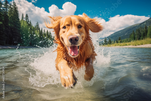 A happy golden retriever dog running out of water. Dog running out of a lake in the mountains on a summer day.