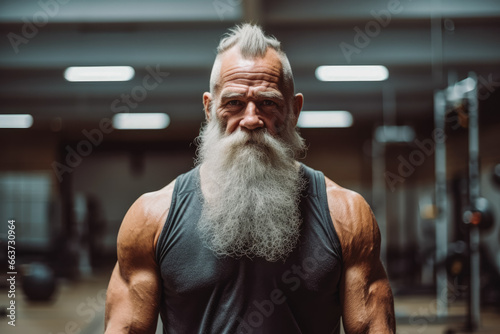 An old man with a beard stands in a gym. Active and healthy older male working out in a gym. Athletic fitness lifestyle portrait.