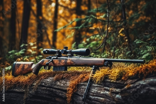 A rifle with a telescopic sight hunting in the forest. Hunters in forest with rifle guns. Gun violence and hunting concept. photo