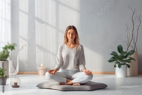 Young woman doing yoga on yoga mat. Young woman exercising at home. Peaceful beautiful woman doing exercises at home in her studio.