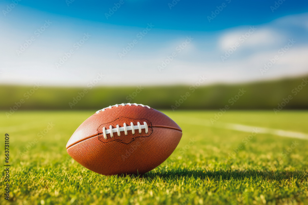 Obraz premium Closeup of an american football on a field. Playing american football, sports and national game concept. Having fun with teammates.