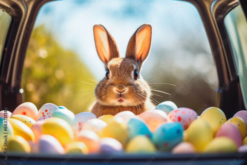 Cute and funny easter bunny in a car with colorful easter eggs, wearing adorable sunglasses. Easter concept and spring time decorations.