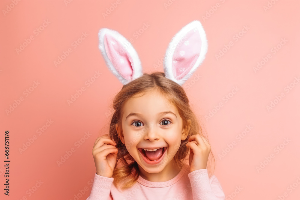 Cute little girl with bunny ears on pink background. Portrait of smiling happy little girl wearing bunny ears on head to celebrate easter. Cute little girl with bunny ears on pink background. Portrait of smiling happy little girl wearing bunny ears on head to celebrate easter.