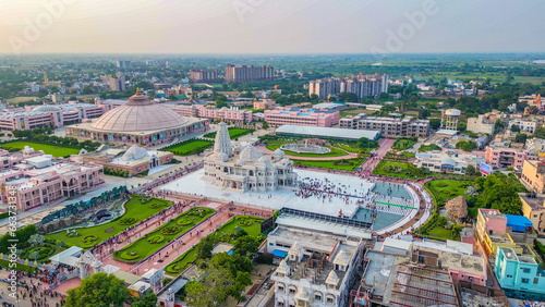 Prem Mandir aerial view from my dji mini 3pro drone, This Hindu temple in Vrindavan, Mathura, India. It is maintained by Jagadguru Kripalu Parishat, photo