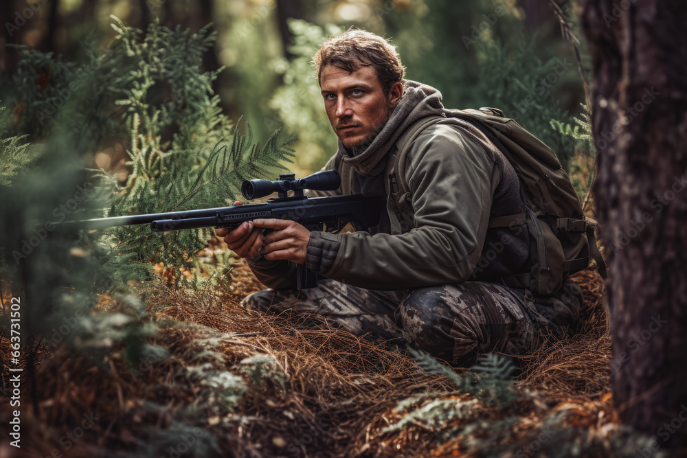 Fototapeta premium Hunter during hunting in forest. Hunter holding a rifle and aiming at deer. hunting expedition in the forest wearing brown jackets and reflective gear