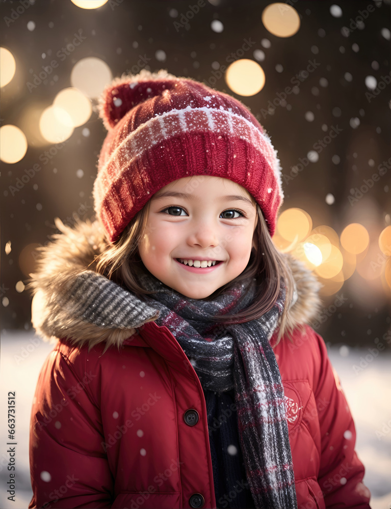 Cute kid in Santa Claus costume on blurred snowy Christmas eve background Cute kid in Santa Claus costume on blurred snowy Christmas eve background