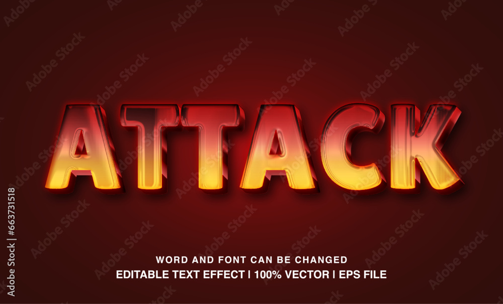 Attack editable text  effect template, 3d bold red glossy style typeface, premium vector