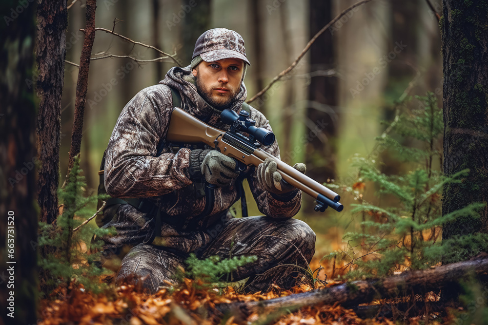 Fototapeta premium Hunter during hunting in forest. Hunter holding a rifle and aiming at deer. hunting expedition in the forest wearing brown jackets and reflective gear