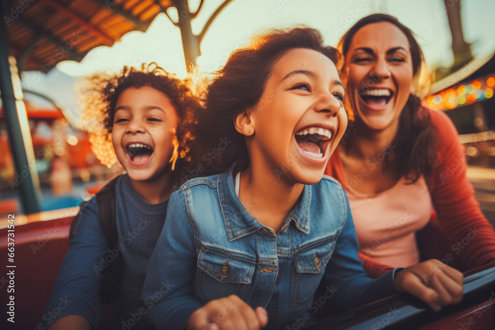 Mother and two children riding a roller coaster together having fun ...