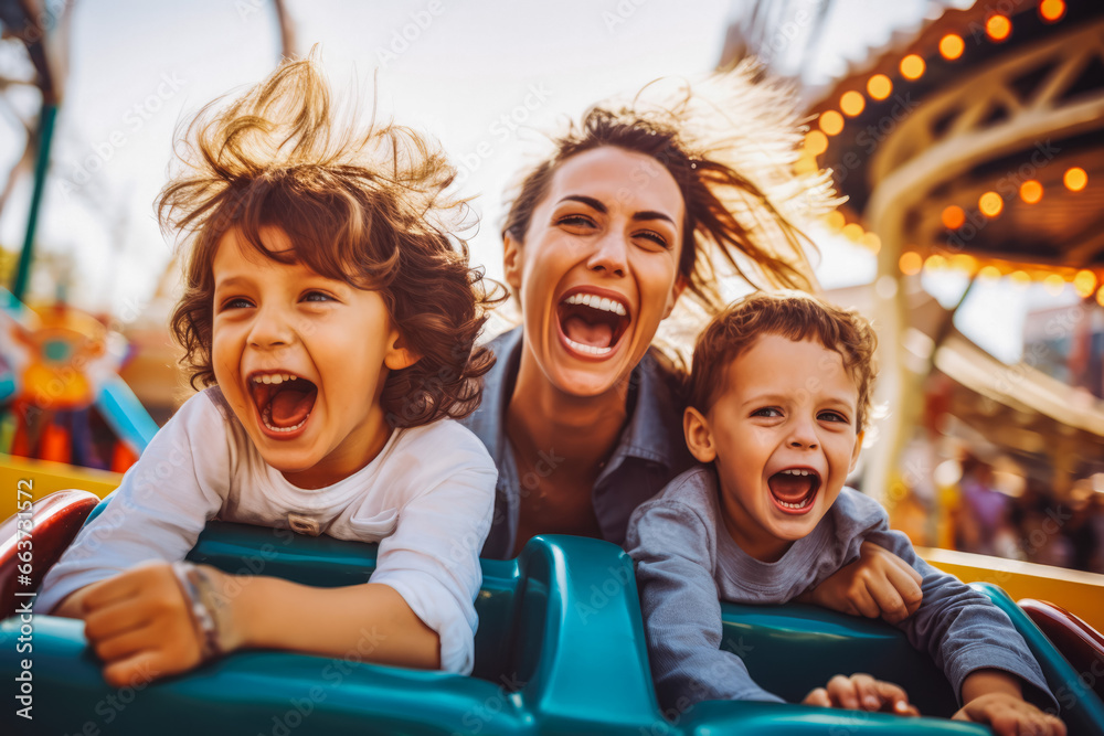 Mother and two children riding a roller coaster together having fun. Happy family on a fun roller coaster ride in an amusement park. Laughing. - obrazy, fototapety, plakaty 