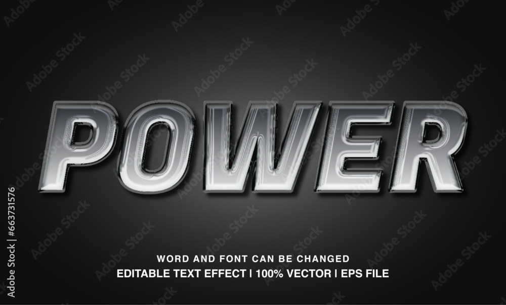 Power editable text  effect template, 3d bold silver metal style typeface, premium vector