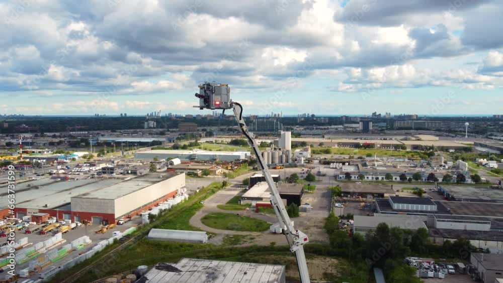 aerial survey of modern firefighting apparatus, robotic hose aiming attachment at the end of a firetruck boom