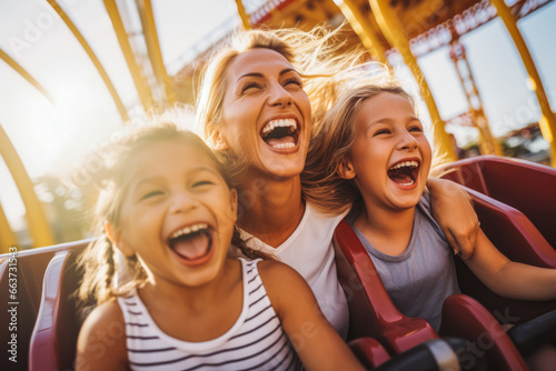 Mother and two children riding a roller coaster together having fun. Happy family on a fun roller coaster ride in an amusement park. Laughing. photo