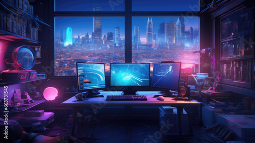 A cyberpunk hackers den bathed in neon glow photo