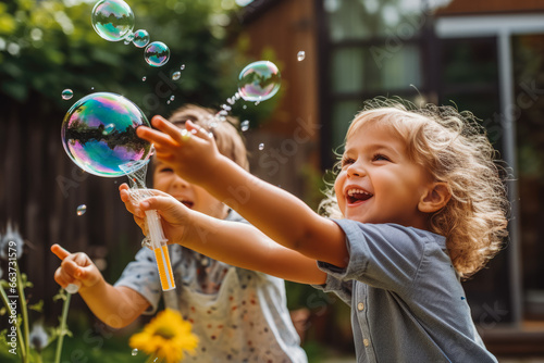 Children playing in the garden being carefree. Children blowing soap bubbles for entertainment and playing with them, laughing with joy.