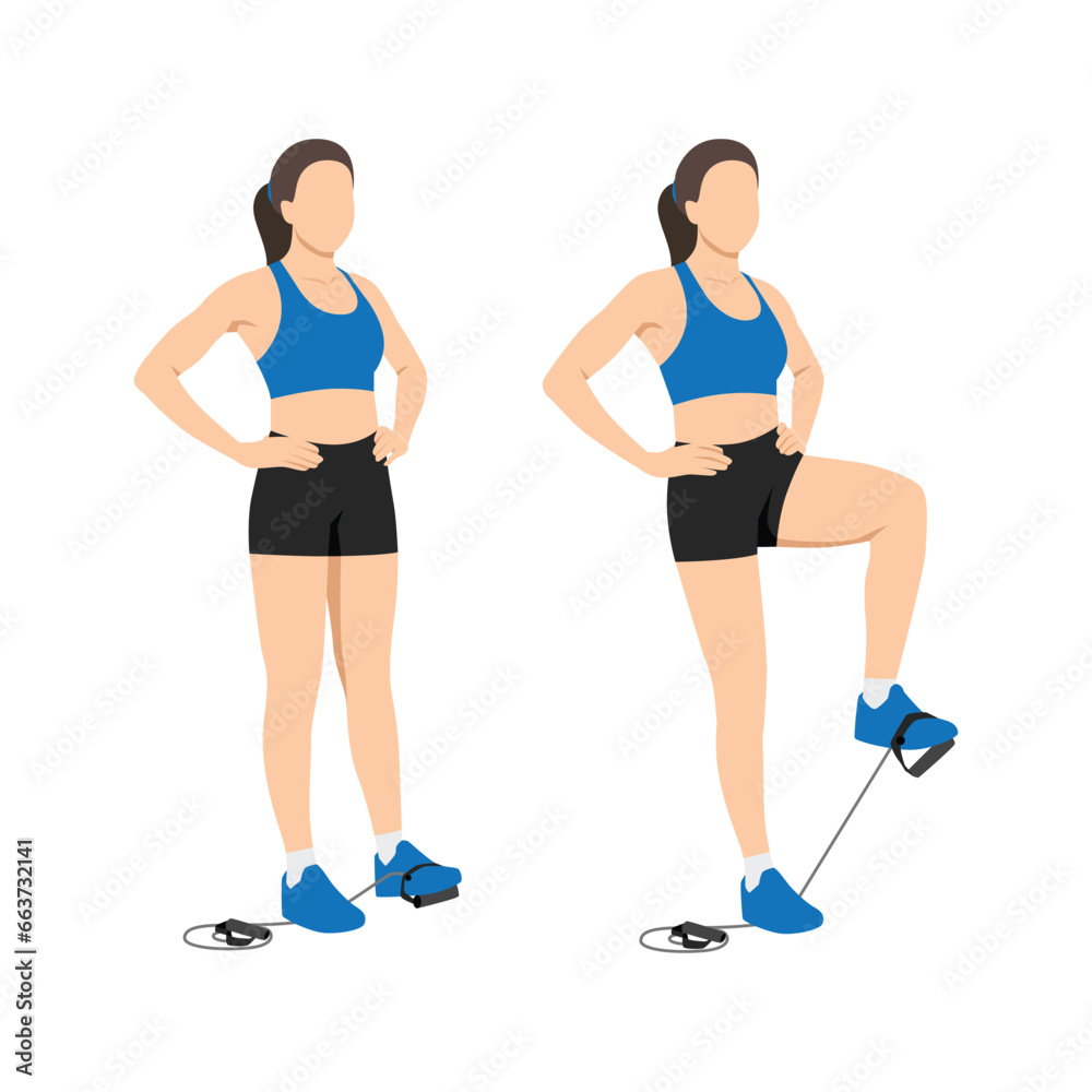 Woman doing Resistance band knee lift. Standing knee raises. Abdominal