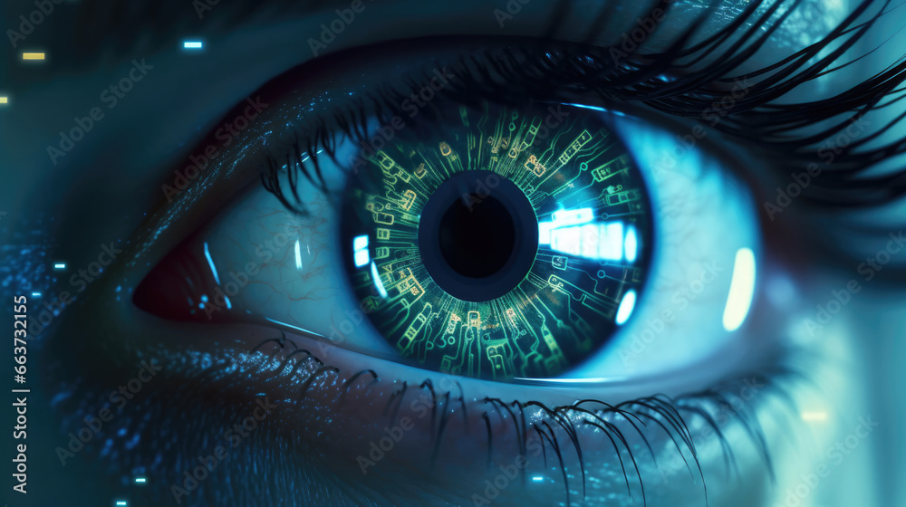 Glowing cybernetic eyes in a dimly lit room