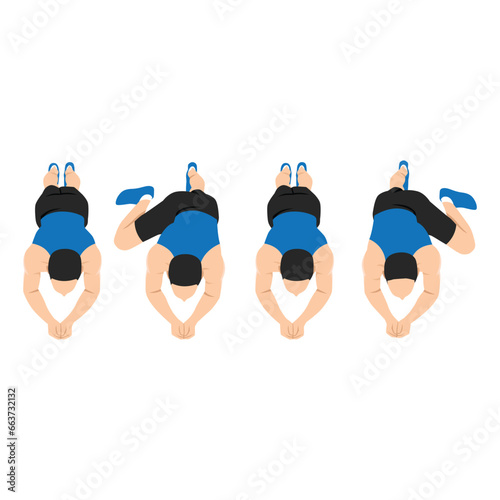 Man doing Abdominal exercise position introduction with Plank Knee to Elbow top or front view guide. HIIT workout. Flat vector illustration isolated on white background