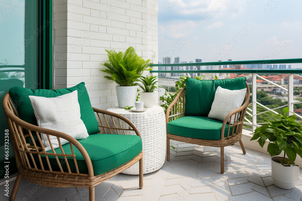 Modern cozy balcony interior design with brick wall and green furniture ...