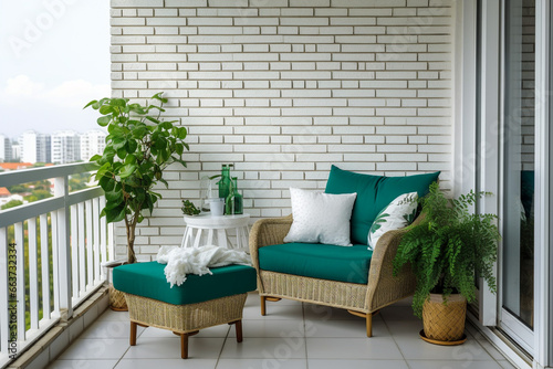 Modern cozy balcony interior design with brick wall and green furniture photo