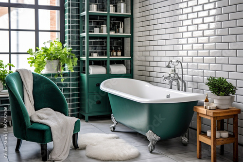 Modern cozy bathroom interior design with brick wall and green furniture