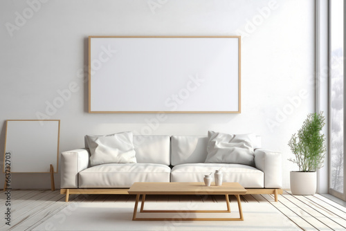 Cozy living space with a comfy couch, bathed in warm lighting for a simple and inviting ambiance. This design is AI Generative.