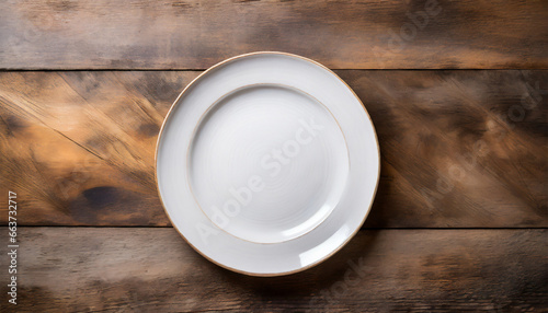 White plate resting on a wooden surface with space for text. Top view. Copy space