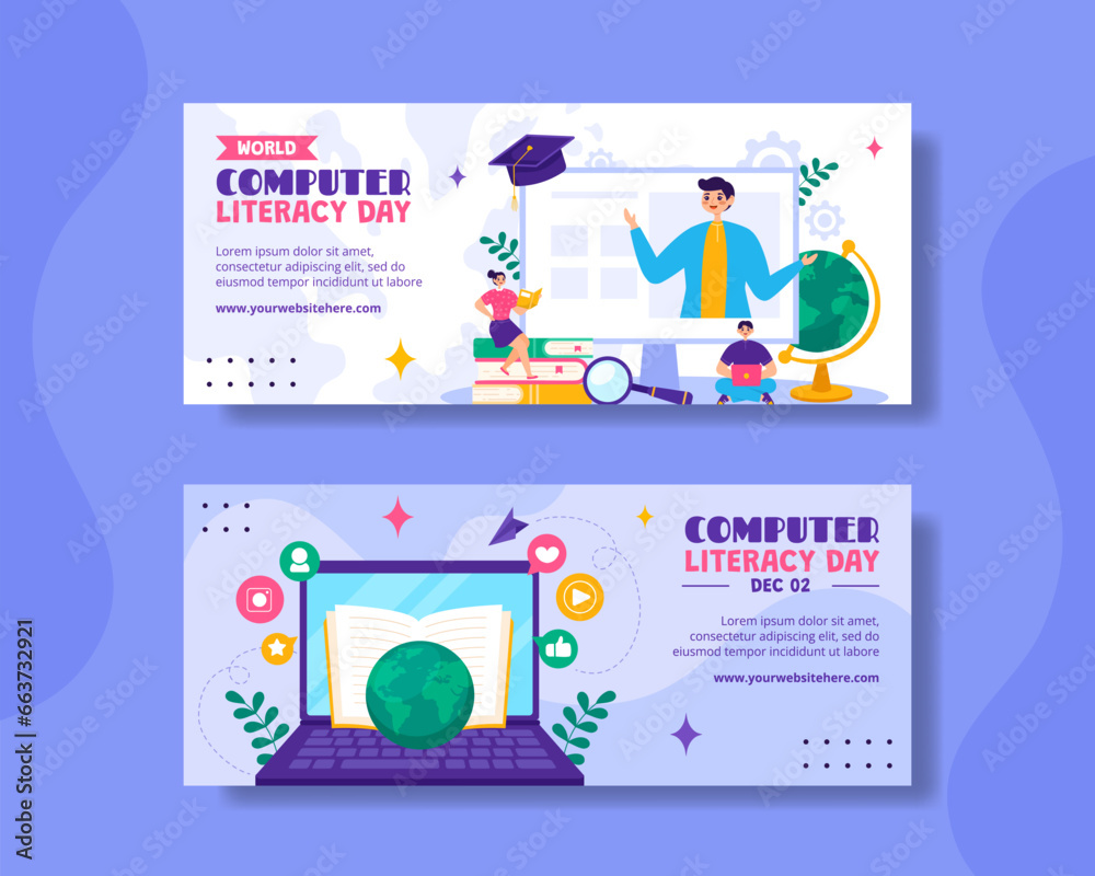 Computer Literacy Day Horizontal Banner Illustration Flat Cartoon Hand ...