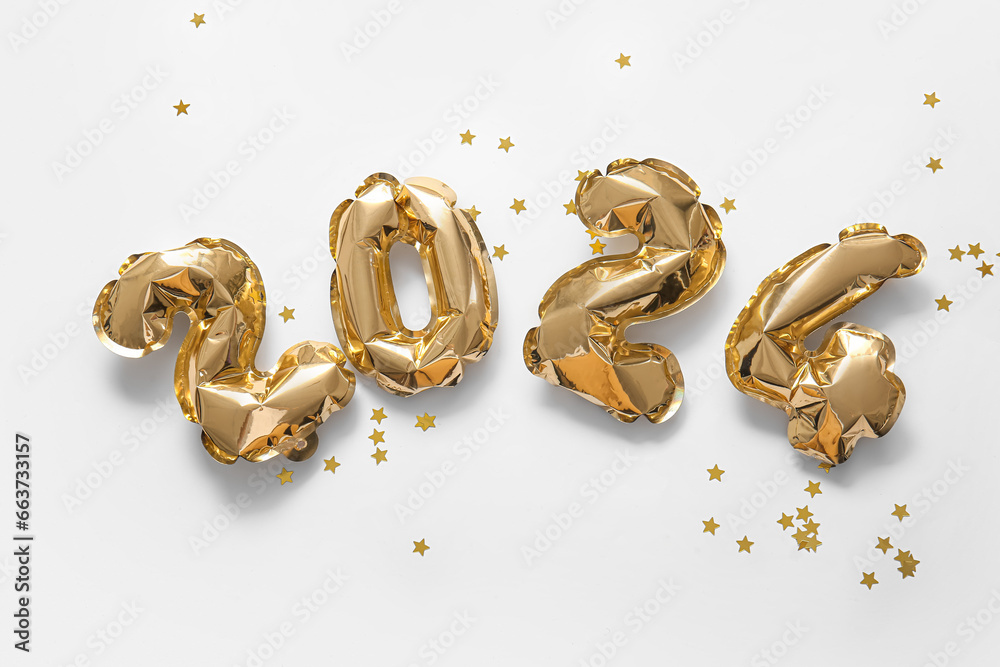 Figure 2024 made of balloons with stars on white background - obrazy, fototapety, plakaty 