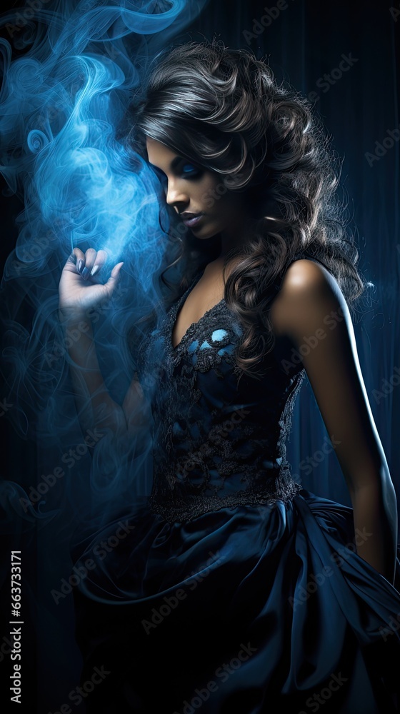Model elegantly posed with an ethereal swirl of smoke wrapping around, enhancing the mysterious atmosphere