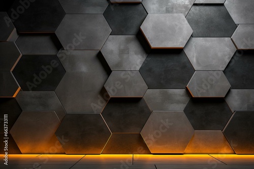 Futuristic hexagonal wall with polished concrete block tiles. Generative AI