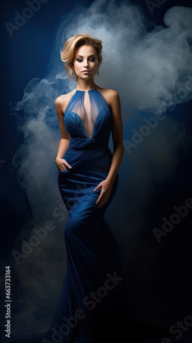 Model exuding elegance, highlighted by the dense smoke background, adding depth.