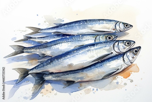 Hand-drawn watercolor painting of sardines. Generative AI © Khaled