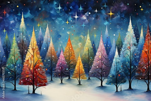 Vibrant festive season painting depicting colorful Christmas trees in a glowing winter scene. Generative AI