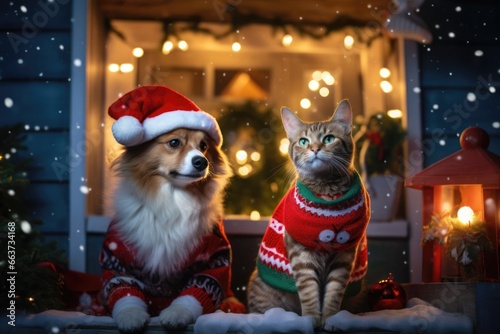 Christmas-clad dog and cat, snowy house porch. photo