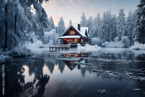 Winter Wonderland, Serene Snow Forest Lake with Cozy Wood House © NE97