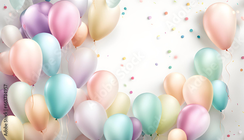 Lots of bright colorful pastel balloon decorations and space for text against colored cute background. Baby birth or birthday celebration background.
