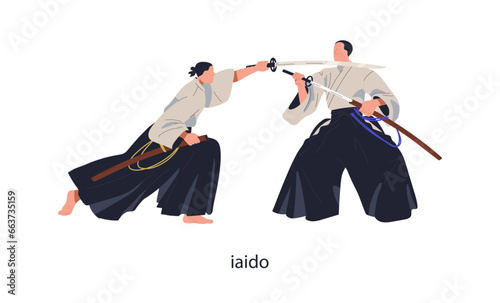 Iaido, Japanese fight. Japan martial art. Asian fighters rivals with swords, ...