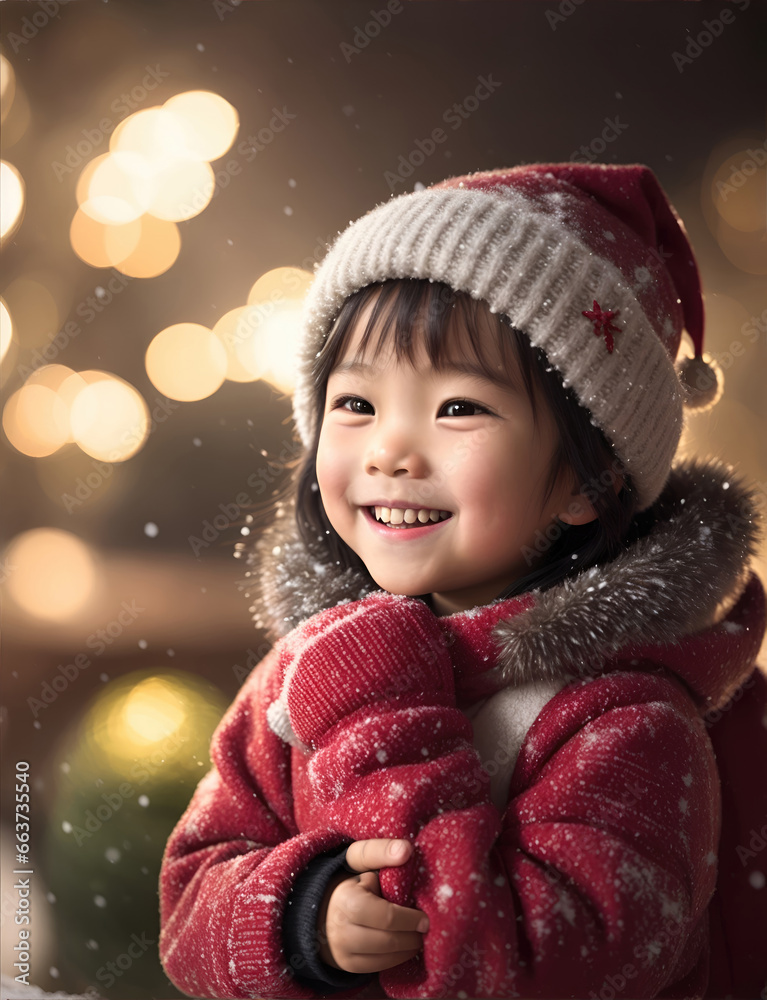 Cute kid in Santa Claus costume on blurred snowy Christmas eve background Cute kid in Santa Claus costume on blurred snowy Christmas eve background