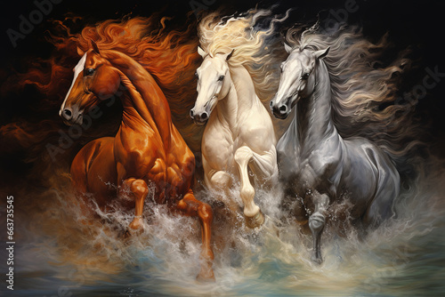Image of group horses running beautiful colors  Wildlife Animals.  Generative AI  Illustration.