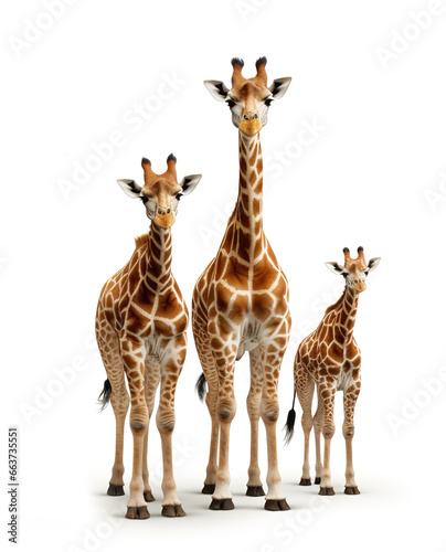 Image of family group of giraffe on white background. Wildlife Animals. Illustration  Generative AI.